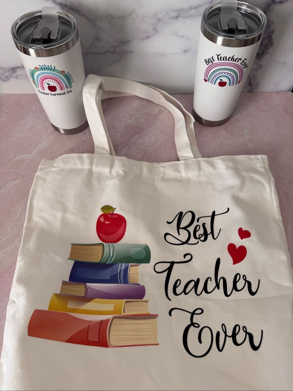 Best teacher ever 2 thermal & cotton canvas tote bundle brand new cream white ra